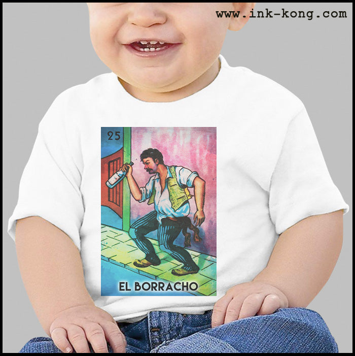 Ropa: Playera Bebé Diseños divertidos de juegos mexicanos, La Lotería y El borracho Ilustración Humor