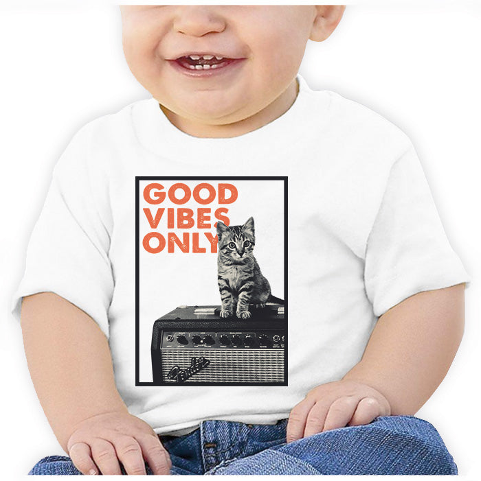 Ropa: Playera Bebé Good vibes only, música y gatos. Animales Música