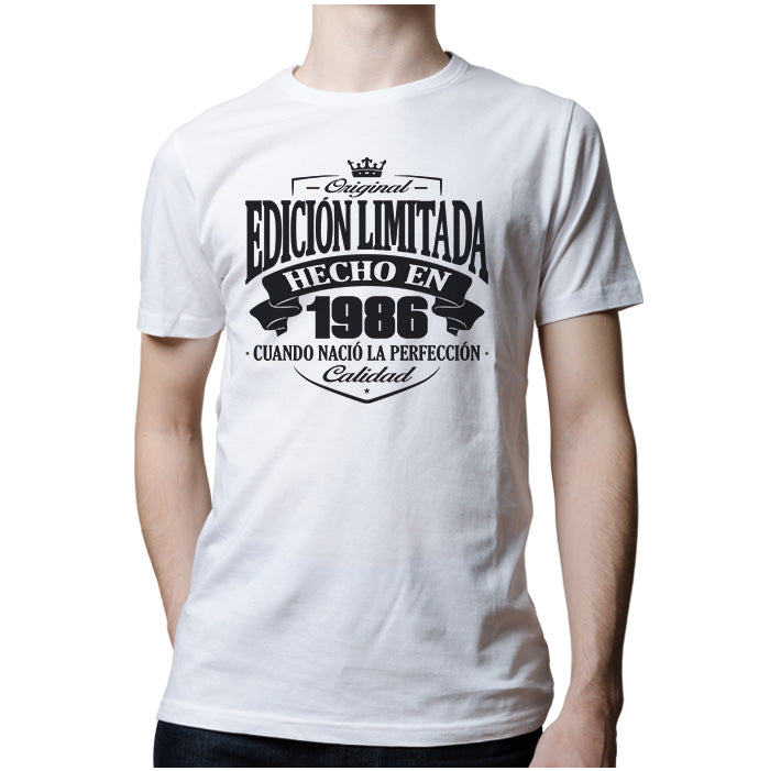Ropa: Playera Unisex Diseños de 1986, cumpleaños, hecho en y año de nacimiento. Ilustración Frases