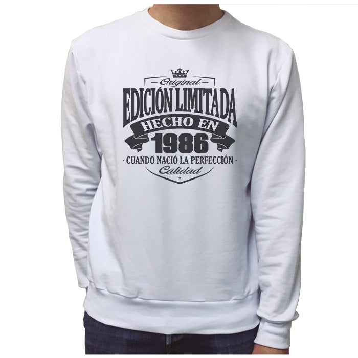 Ropa: Sudadera Unisex Diseños de 1986, cumpleaños, hecho en y año de nacimiento. Ilustración Frases