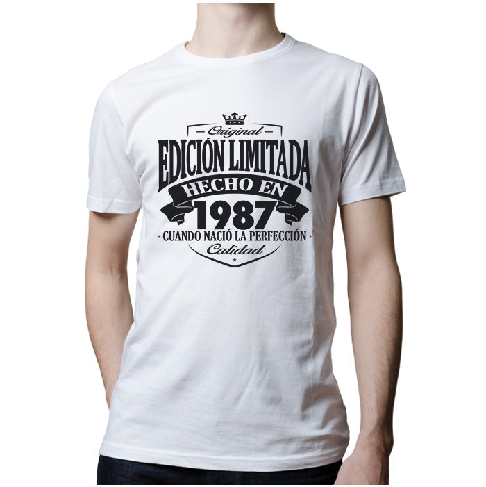 Ropa: Playera Unisex Diseños de 1987, cumpleaños, hecho en y año de nacimiento. Ilustración Frases