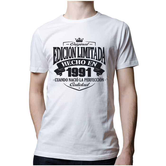 Ropa: Playera Unisex Diseños de 1991, cumpleaños, hecho en y año de nacimiento. Ilustración Frases