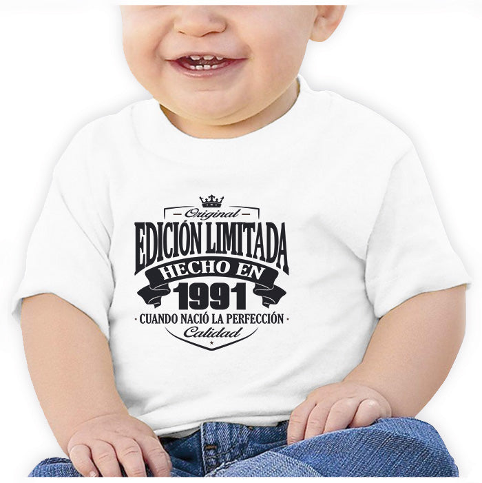 Ropa: Playera Bebé Diseños de 1991, cumpleaños, hecho en y año de nacimiento. Ilustración Frases