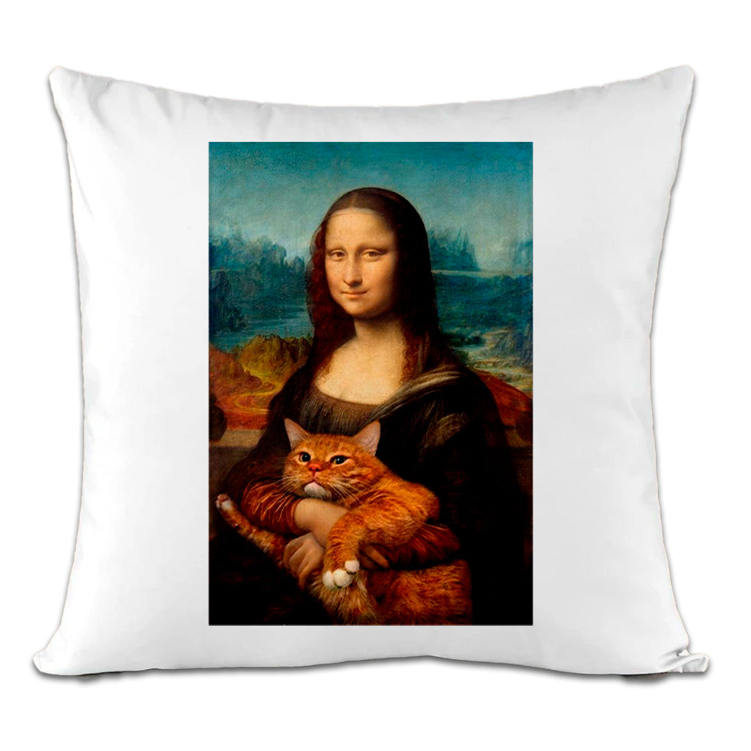 Accesorios: Cojín Decorativo diseño de mona lisa, cat, gato, leonardo da vinci, graciosa Ilustracion Humor