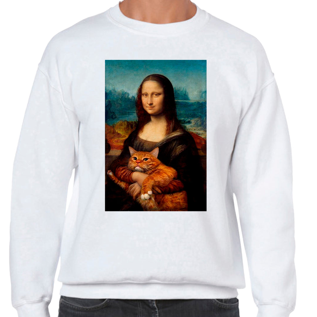 Ropa: Sudadera Unisex diseño de mona lisa, cat, gato, leonardo da vinci Ilustracion Humor