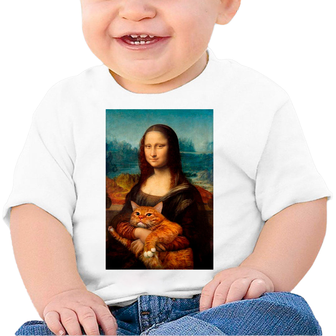 Ropa: Playera Bebé diseño de mona lisa, cat, gato, leonardo da vinci Ilustracion Humor