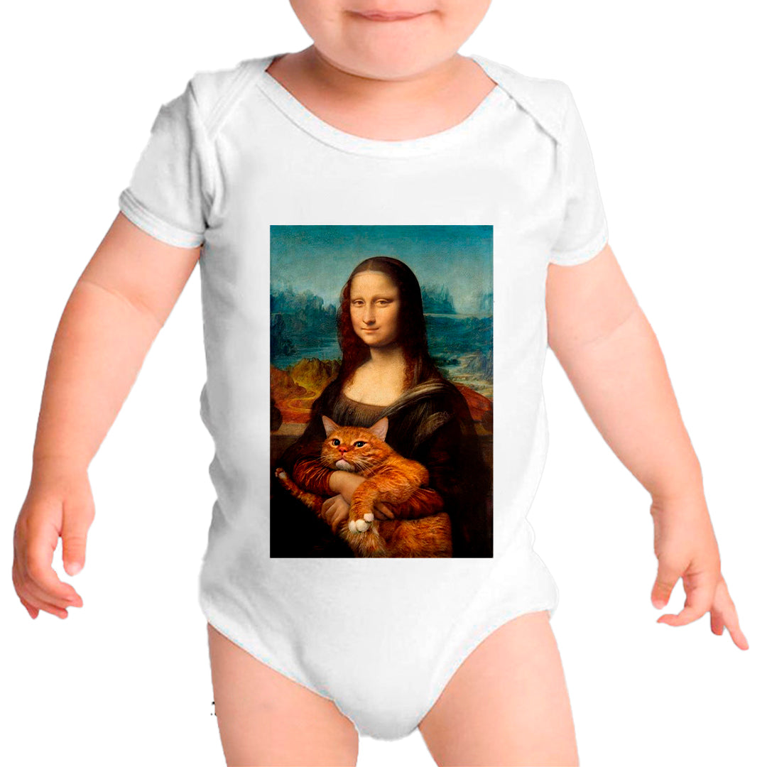 Ropa: Pañalero Body Bebé diseño de mona lisa, cat, gato, leonardo da vinci Ilustracion Humor