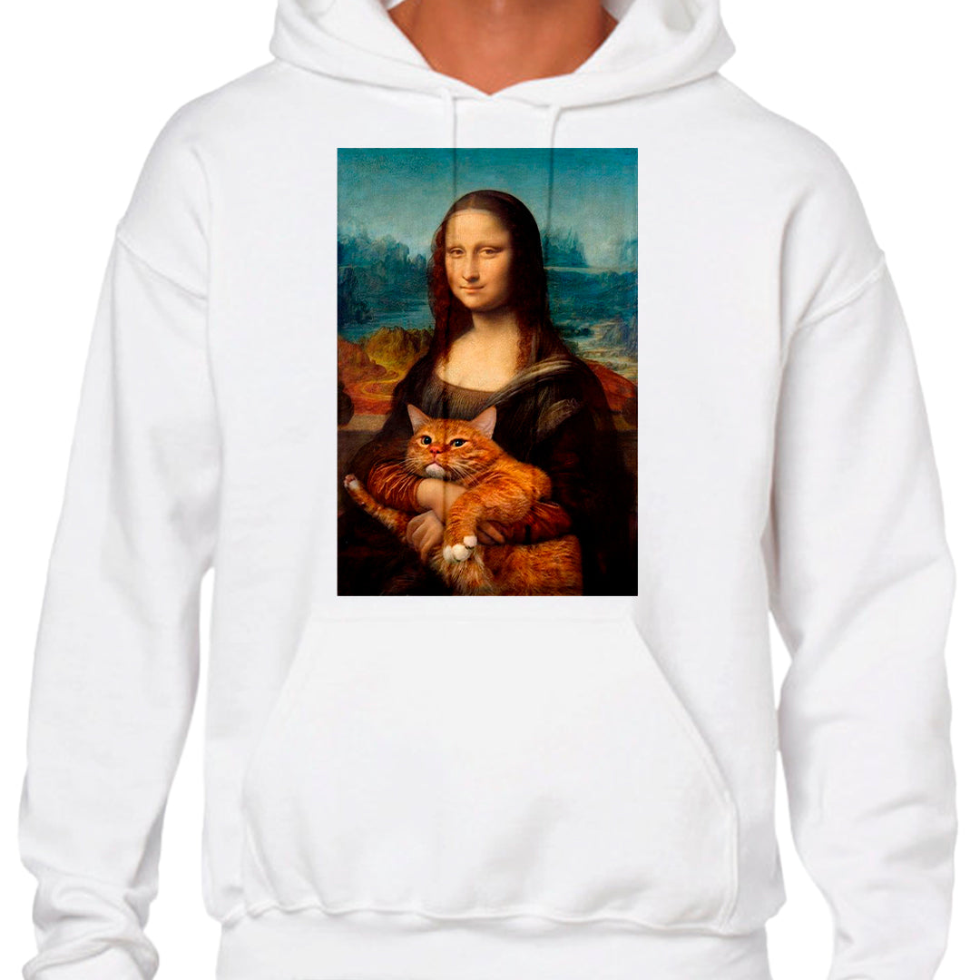 Ropa: Hoodie Unisex diseño de mona lisa, cat, gato, leonardo da vinci Ilustracion Humor