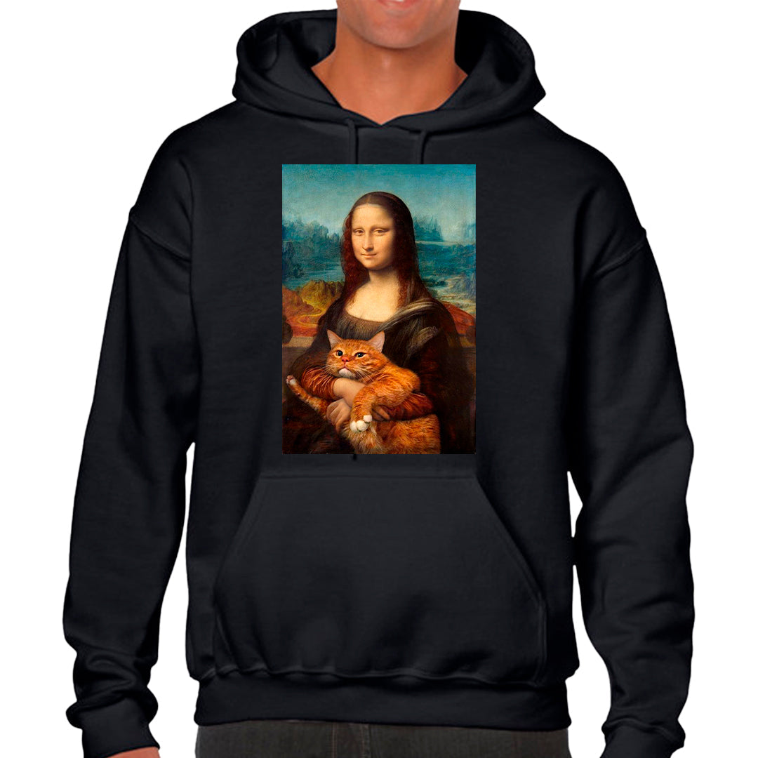 Ropa: Hoodie Unisex diseño de mona lisa, cat, gato, leonardo da vinci Ilustracion Humor