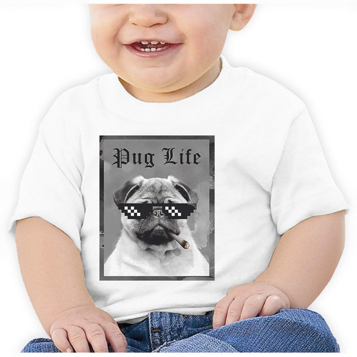 Ropa: Playera Bebé Diseños de pugs, perros, pug life, thug life, vida de cholo. Fotografía Animales