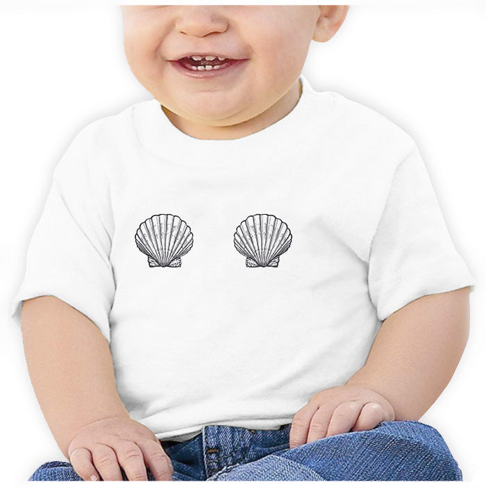 Ropa: Playera Bebé Diseños de sirenas y conchas de mar. Ilustración Moda