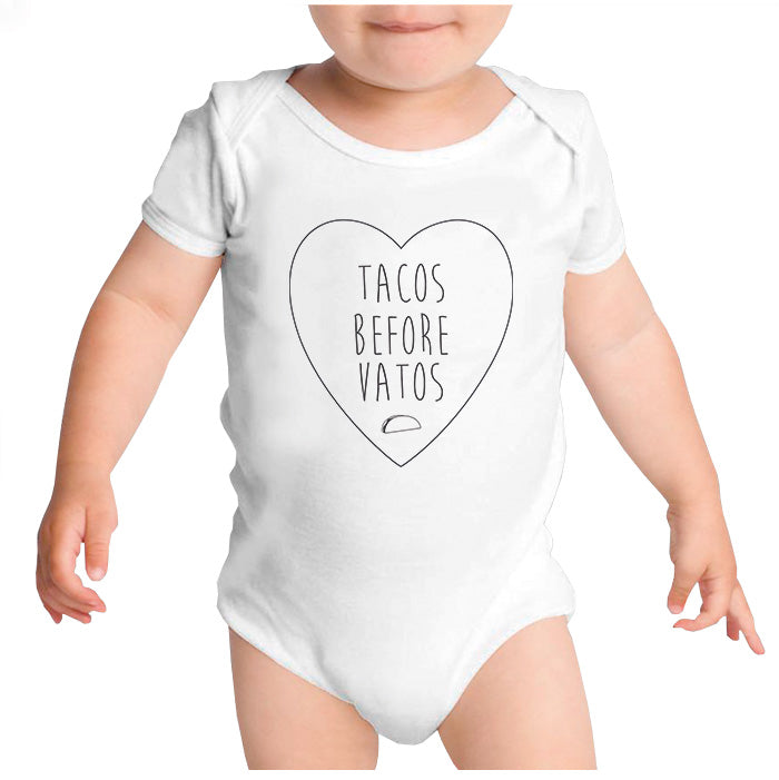 Ropa: Pañalero Body Bebé Diseños de tacos before vatos, frases divertidas y tacos. Ilustración Moda
